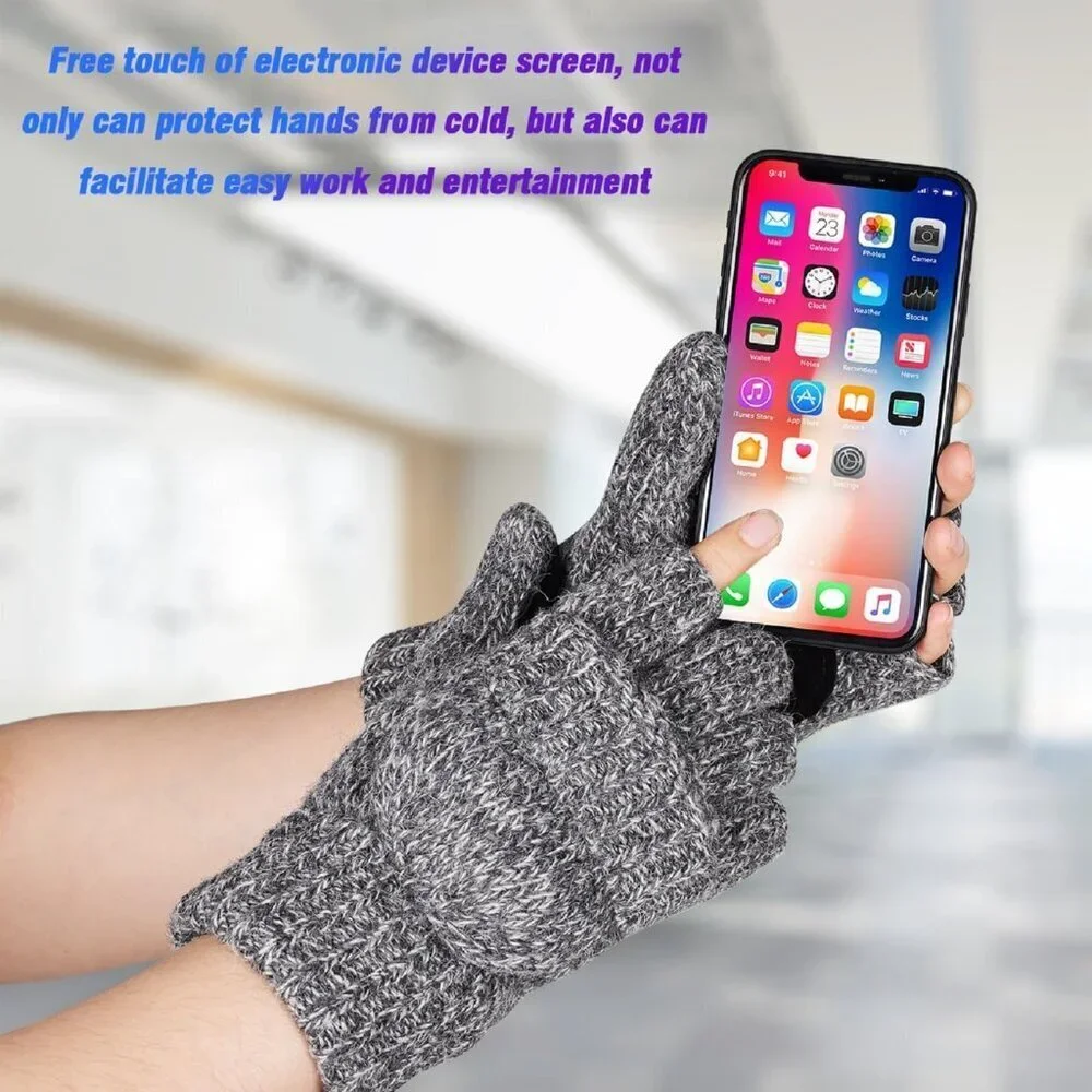 Women's Light Grey Winter Warm Thermal Insulation Fingerless Texting Wool Gloves